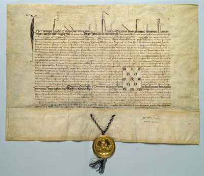 チャールズ4世の雄牛（1316-78）聖ローマ皇帝、1365年1月29日（ゴールドシールの羊皮紙にインク） 作： German School