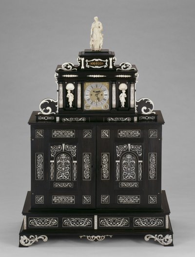 キャビネット、1660年頃（黒檀、象牙、さまざまな木材、真ちゅう、鉄の道具） 作： German School