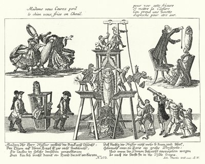18世紀のファッショナブルな女性たちが身につけていた背の高いかつらを描いた風刺画（エングレーヴィング 作： German School