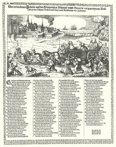 三十年戦争が始まった1620年に、ボヘミアとハンガリーから追い出されたイエズス会の様子を描いた漫画（エングレービング 作： German School