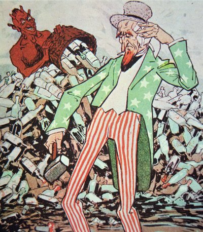 禁酒法時代（1920～33年）に、悪魔が作った密造酒の流れに疲弊するアンクルサムを描いた漫画（カラーリトグラフ 作： German School