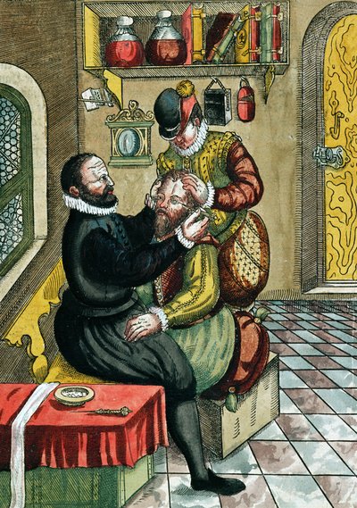 白内障手術、1583年にドレスデンで出版されたGeorg Bartisch（1535-1636）によるOphthalmodouleiaから（カラー木版印刷） 作： German School