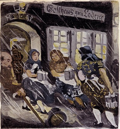 雪の下のマックス・フェルトバウアー醸造所のテラスにいるキャラクターたち、ドイツ、ミュンヘン（Munchen）。1905年のエングレーヴィング。パリ、装飾美術 作： German School