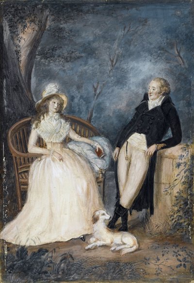 会話するシャルロッテ・フォン・シュタイン（1742-1827）とヨハン・ヴォルフガング・フォン・ゲーテ（1749-1832） - ドイツの巨匠 - 18世紀後半 - 厚紙に水彩画 - 個人蔵 作： German School