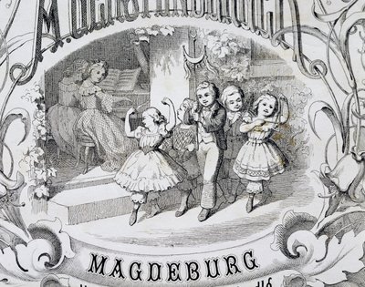 子供のダンス シーン、マクデブルクで出版された子供向けの音楽とダンスのコレクションのタイトル ページの詳細。 ドイツ 作： German School