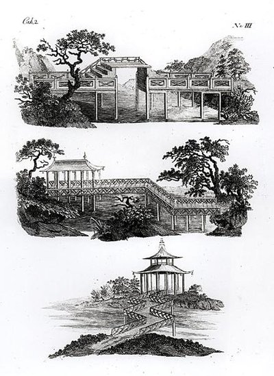 1779年に出版された「庭園のための最近の新しいアイデア」に掲載された中国風の橋（彫刻）（モノクロ写真） 作： German School