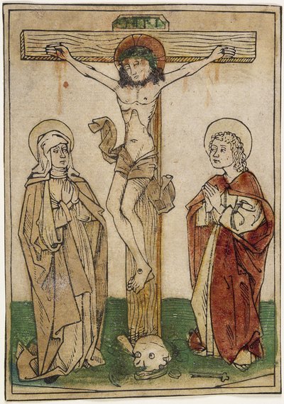 メアリーとセントジョンとの十字架上のキリスト、c.1470-80（羊皮紙に手描きの木版画） 作： German School