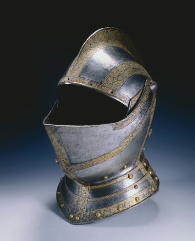 ヘルメットを閉じる、c.1580（真ちゅう製のリベットを備えたエッチングおよび金メッキ鋼） 作： German School