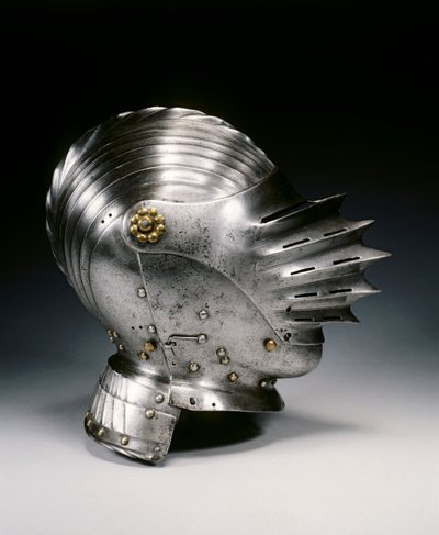 マクシミリアンスタイルのヘルメットを閉じる、c.1520（スチールと真ちゅう） 作： German School