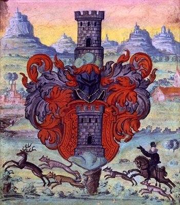 狩猟シーンの中の紋章」 1640年頃 ベラムにグアッシュ 作： German School