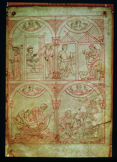 コーデックス507 fol.2r Weaver、Shoemaker、Fishermen and Hunter、Renner Musterbuch、c.1208-18 作： German School