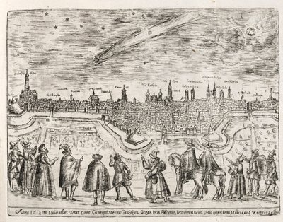 1618 年 11 月の終わりにアウグスブルク上空で見られた彗星、パブ。 1618年。 作： German School
