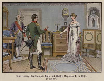 1807年7月6日、ティルジットでのプロイセン王妃ルイーズと皇帝ナポレオン1世との会話（カラーリトグラフ 作： German School