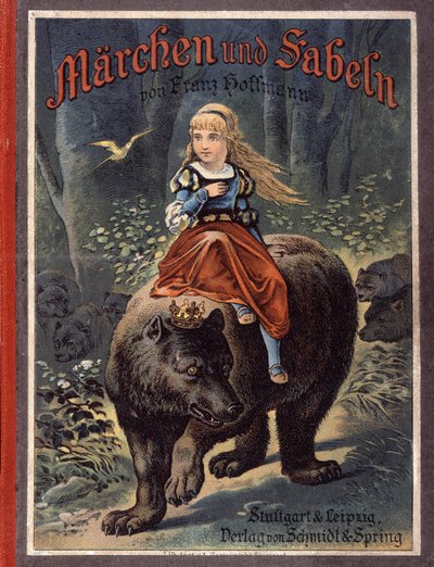 フランツ・ホフマンの童話「物語と寓話」の表紙。Von Prinzessin sternr¿schenw」。熊に乗った少女。19世紀のクロモリトグラフ。 作： German School