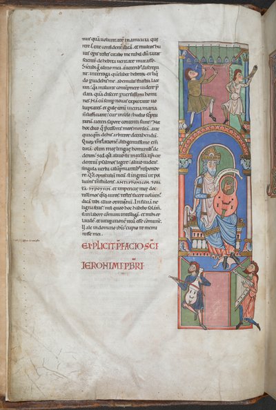 詩篇の序文におけるハープ奏者としてのダヴィデ（「ウォームス・バイブル」ハーレイ2804 f.3v、12世紀第2-3四半期、羊皮紙にインクと彩色） 作： German School