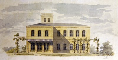 イタリア風クラシック・ヴィラのデザイン、1850年頃（水彩、ペン・インク、紙） 作： German School