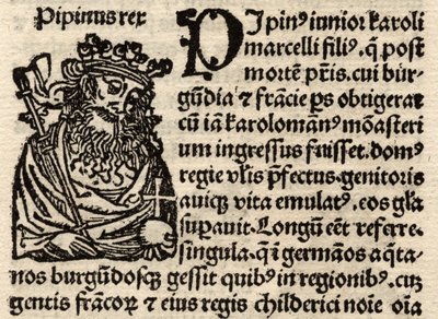 1500年以前のPepin I（803-38）を描いた、元の食べられない葉の詳細（237070も参照） 作： German School