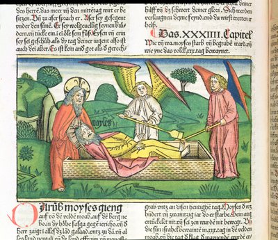 申命記34モーセの死、ニュルンベルク聖書（Biblia Sacra Germanaica）（色の木版画） 作： German School