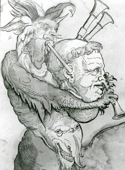 Devil Playing Mans Head as Bagpipes、1144（木版画） 作： German School