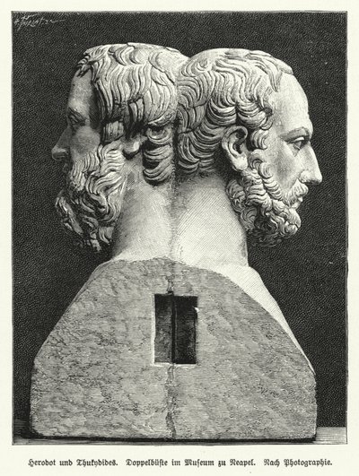 古代ギリシャの歴史家、ヘロドトスとトゥキュディデスの二重胸像（リトグラフ 作： German School