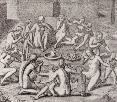 古き歴史家によると、囚人の肉を食べること、ゴットフリードの &39;Historia Antipodum&39;、パブから。 1655年、「川のロマンス」第1巻から。私、WHケーベル作、1914年 作： German School