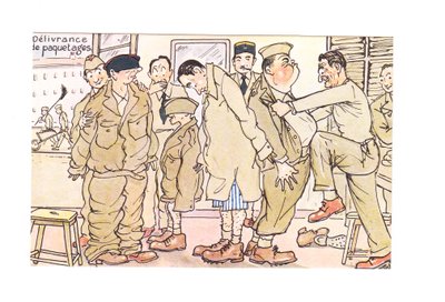 1910年頃、陸軍士官学校で検査を受ける新兵のエドワーディアン・ユーモア・ポストカード（カラー・リトグラフ 作： German School