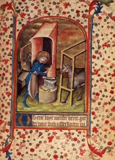 Egerton 859 fol.17 St. Eligius (588-660) 馬に靴を履かせる、「聖人への祈り」より (ベラム) 作： German School
