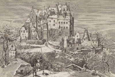 ドイツ・モーゼル河畔の丘陵地帯に建つエルツ城の16世紀末の姿（リトグラフ版 作： German School