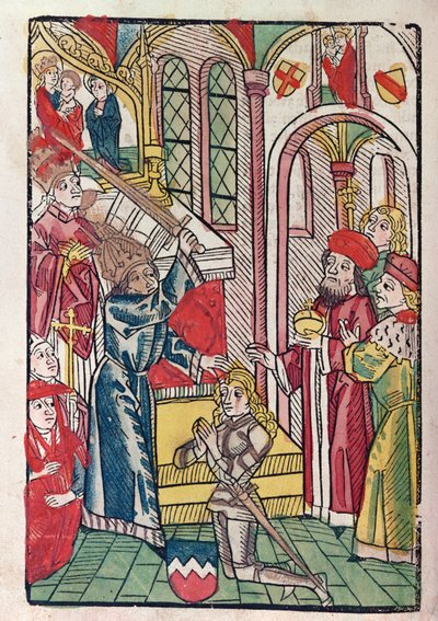 騎士を吹き替えるルクセンブルグの皇帝ジギスムント（1367-1437）（色の木版画） 作： German School