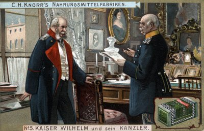 ドイツ・プロイセン皇帝ウィリアム1世(1797-1888)と首相オットー・フォン・ビスマルク(1815-1898)が政治問題について話し合っている様子。クロモリトグラフ、19世紀後半。 作： German School
