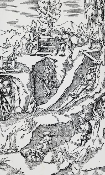 バーゼルで出版されたGeorg PawerまたはGeorgius Agricola（1494-1555）の「De re metallica（金属の性質について）」からの版画。 作： German School