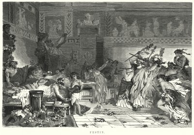 ローマ時代の饗宴における食後のエンターテイメント（リトグラフ 作： German School