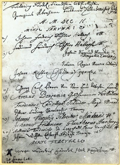 ヘンデルの名前を示すハレ大学の記録、1702年 作： German School