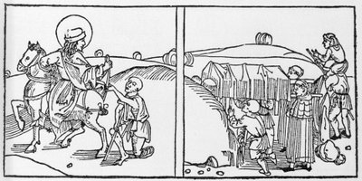 聖マルティヌスの生涯のエピソード。Voragine（1228-1298）のJacobus（James）による「Leben der Heiligen - sommerteil」（聖人の書）からのエングレーヴィング。リュベック1488年 作： German School