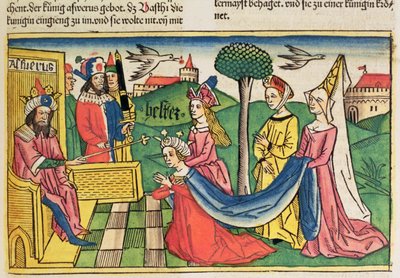 Esther 2 15-18、エステルは、ニュルンベルク聖書（Biblia Sacra Germanaica）（色の木版画）からペルシャ王アハシュエロスによって女王に選ばれました 作： German School