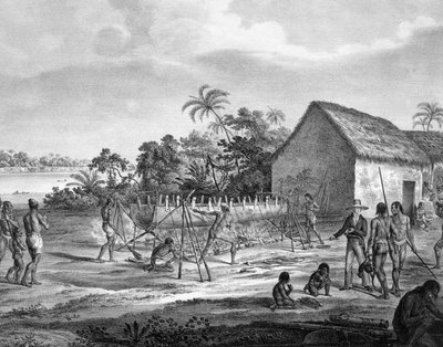 ミランハス族の河川港でのヨーロッパの物々交換、アミロジャパラ、ブラジルの旅の地図帳からのイラスト 作： German School