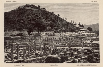 ギリシャ、古代オリンピア遺跡の発掘調査：パラエストラ、ヘラ神殿、宝物庫(彫刻) 作： German School