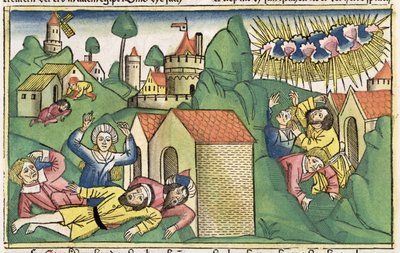 出エジプト記11 1-10エジプトの七つの災い：ニュルンベルク聖書（ビブラサクラゲルマニカ）からの長男の死（色付きの木版画） 作： German School