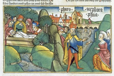 出エジプト記 18 1 15-22 「ニュルンベルク聖書 (Biblia Sacra Germanaica)」からのヨセフの埋葬とヘブライ人の助産師の物語 (着色された木版画) 作： German School