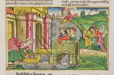 出エジプト記2 1-6モーセがナイル川を下って浮上し、ファラオの妻の1人がニュルンベルク聖書（Biblia Sacra Germanaica）から発見した（色の木版画） 作： German School