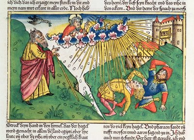 出エジプト記 9 13-35 エジプトの七つの災い: モーセと雹と稲妻の災い、「ニュルンベルク聖書 (Biblia Sacra Germanaica)」から (色付きの木版画) 作： German School
