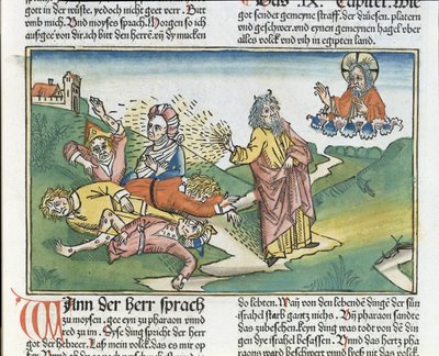 出エジプト記9 8-12エジプトの七つの災い：モーセと沸騰の疫病、ニュルンベルク聖書（Biblia Sacra Germanaica）（色の木版画） 作： German School