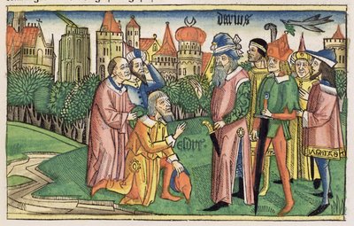 エズラ6 16エルサレムの神殿は、ニュルンベルク聖書（Biblia Sacra Germanaica）（着色された木版画）からダリウス王によって捧げられました 作： German School