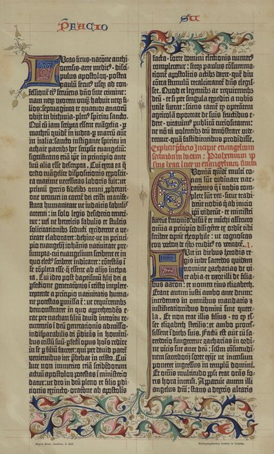 ヨハネス・グーテンベルクが1455年に作成した42行のラテン語聖書の複製品（カラーリトグラフ 作： German School