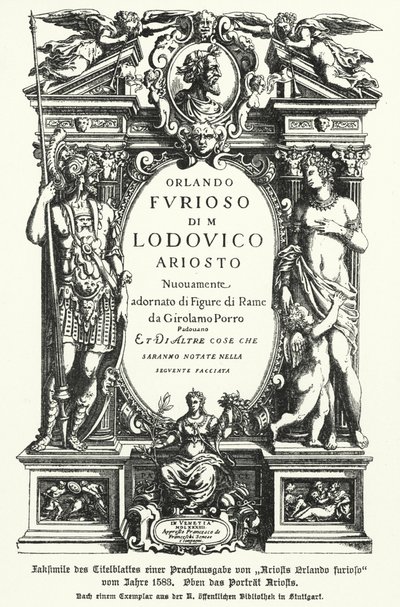 イタリアの詩人Ludovico Ariostoの叙事詩『Orlando Furioso』の1583年版タイトルページのファクシミリ（リトグラフ）。 作： German School