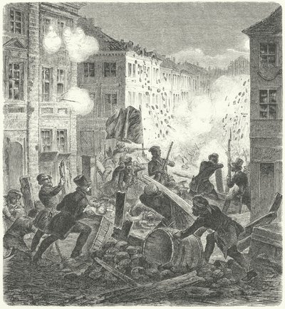 コルン市庁舎前のバリケードでの戦闘（ベルリン、1848年革命）（エングレーヴィング 作： German School