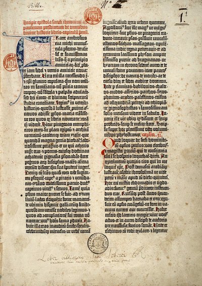 1452年から1454年にかけてマインツで作成されたグーテンベルクのラテン語（ヴルゲート）による聖書の最初のページ。聖人ジェロームが司祭ポーリンに宛てた、聖典のすべての書物を扱ったエピトレの始まりです。 作： German School