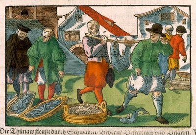 フィッシュマーケット、ドイツ語の原稿、c.1650（手塗りの木版） 作： German School