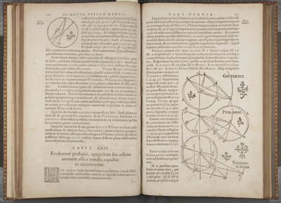 Fol 130-131, ヨハネス・ケプラーの「Astronomia nova Aitiologetos」（彫刻）。 作： German School