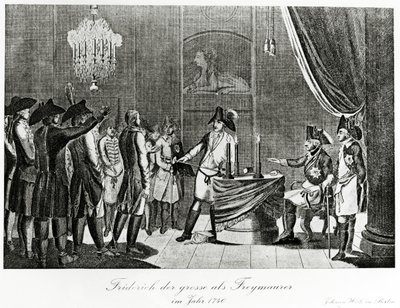 フレデリック大王は、1740年にベルリンでフリーメーソンとして彼の義兄、フレデリック、ブランデンブルクバイリュースのマーグレイブを受け取ります。 作： German School